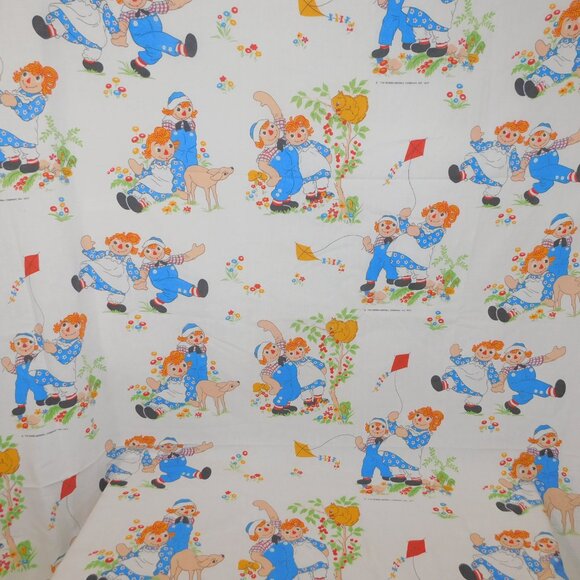 Vintage 1977 Raggedy Ann & Andy doll Twin Flat Bed Sheet / Fabric Wabasso - Picture 6 of 9